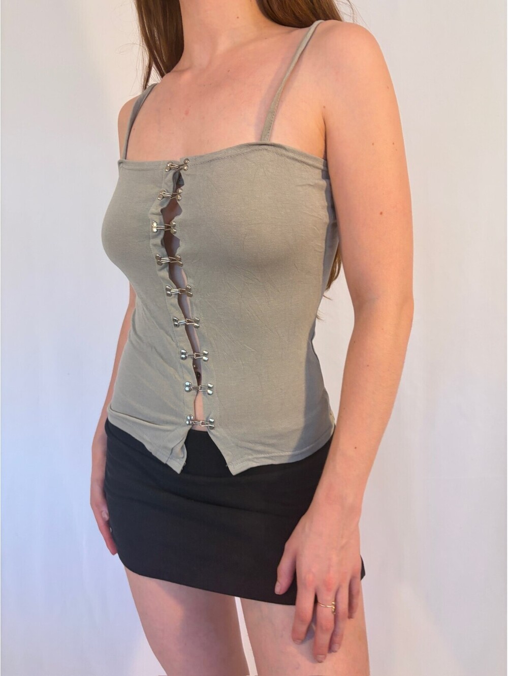Grunge Slate Grey Hook and Eye Closure 90s Chic Cami